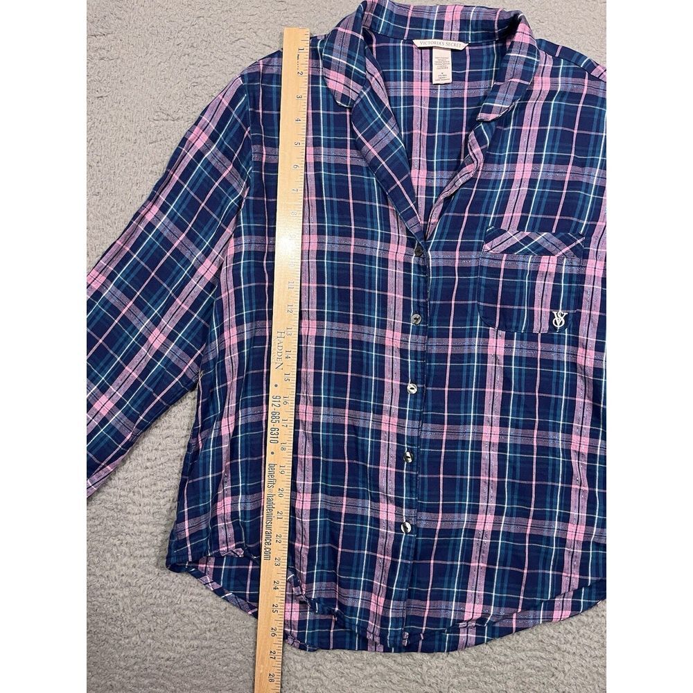 Victoria's Secret Pajama Top Blue Pink Plaid Collared Button Medium M - Picture 6 of 8